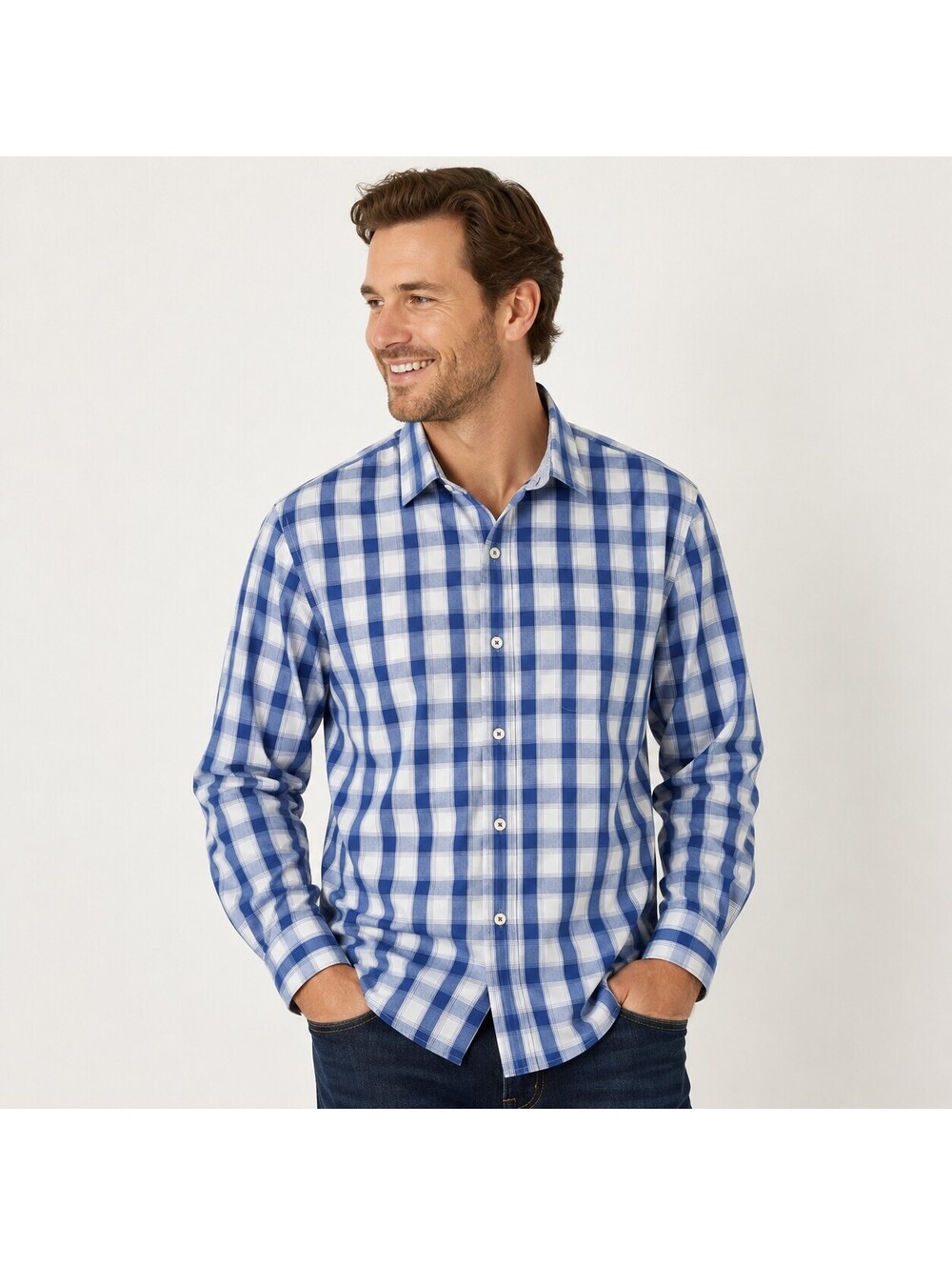 Bugatchi Shaped Fit Blue and White Plaid Button-Up Shirt